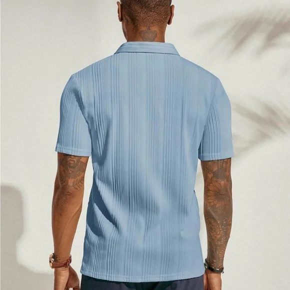 PAUL JONES Mens Textured Knit Polo Shirt Light Blue Stretchy Golf Shirt Lg NWT - Picture 2 of 7